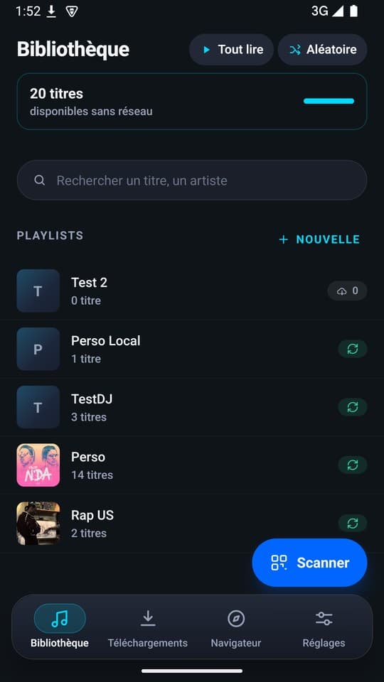 Écran Bibliothèque de l'application NeuroBeats Android : la liste des playlists reçues