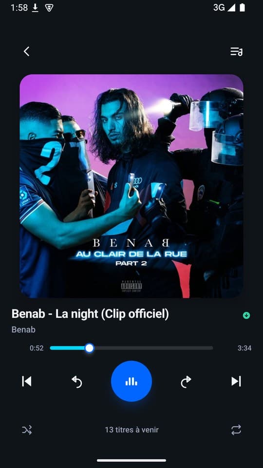 Lecteur NeuroBeats sur Android : pochette, commandes circulaires et barre de progression